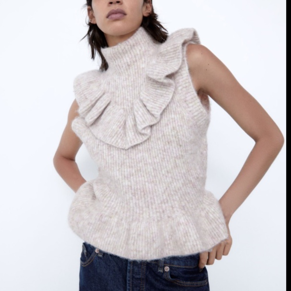 Zara knit sweater vest mock neck ruffle detail